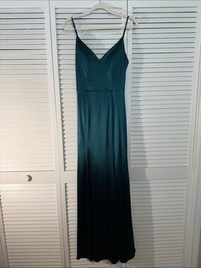 Cute Teal Satin Prom Dress with V-Neck and Slit, Junior Size 11